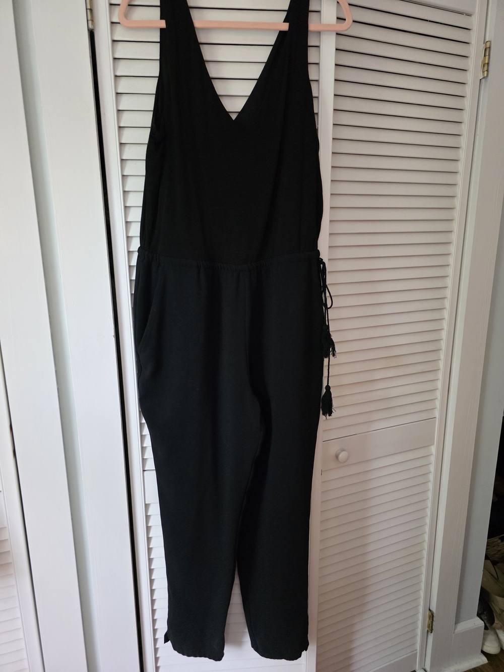 LOFT Black Sleeveless V-Neck Jumpsuit with Tassel Waist